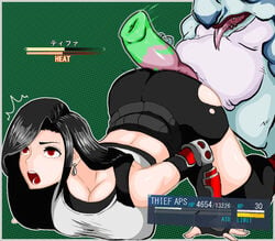 1boy 1boy1girl 1girls against_floor ass bestiality black_hair breasts breasts_against_floor censored censored_penis damage_numbers defeat defeated defeated_heroine doggy_style earrings endured_face final_fantasy final_fantasy_vii health_bar hman hp_bar huge_breasts imminent_rape imminent_sex intersex interspecies japanese japanese_text large_ass large_breasts long_hair monster monster_cock open_mouth paralyzed penis rape red_eyes sex shocked shocked_expression simple_background surprised tifa_lockhart torn_clothes torn_clothing video_games zoophilia