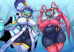 2girls angelan big_breasts breasts fei-yen female female_only large_breasts pochincoff pregnant pregnant_robot robot thick_thighs virtual_on wide_hips