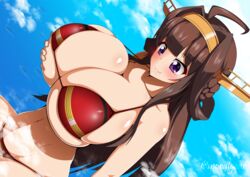 1girls absurdres ahoge artist_name blush breast_hold breasts brown_hair bursting_breasts cleavage curvy giant giantess headgear highres huge_breasts kantai_collection kongou_(kantai_collection) long_hair mgear moralgear navel purple_eyes skindentation smile solo swimsuit watermark wide_hips