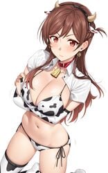 1girls big_breasts blush breasts brown_hair cow_bikini cow_ears cow_horns cow_print cowbell earrings eye_contact female kanojo_okarishimasu light-skinned_female light_skin long_hair looking_at_viewer mizuhara_chizuru solo standing thighhighs thighs white_background yakimi_27