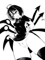 absurdres ahoge asymmetrical_wings bangs blush bow bowtie clothes_lift dress female from_below greyscale grin hand_on_hip highres monochrome nue_houjuu nuekane open_mouth panties short_hair short_sleeves simple_background skirt skirt_lift smile snake solo standing thighhighs touhou underwear wings