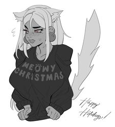 1girls animal_ear_fluff borrowed_character breasts brown-haired_catgirl_(kevbot) cat_ears cat_tail clothed dark-skinned_female dark_skin earrings female kevbot large_breasts merry_christmas monochrome original porqueloin sweater