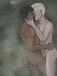 2boys beard closed_eyes draco_malfoy erection gay hand_around_neck hand_on_hip harry_james_potter harry_potter kissing male_only nude penis shower shower_room shower_sex slytherco tongue_kiss water yaoi