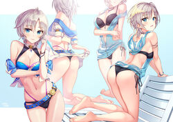 anastasia_(idolmaster) ass back bangs bare_knees bare_legs barefoot beach_chair belt bench bent_knees bikini black_bikini black_swimsuit blue_background blue_eyes blush breasts cleavage clothing cropped_jacket earrings eyelashes feet female female gradient gradient_background hhama high_resolution idolmaster idolmaster_cinderella_girls jacket jewelry kneeling knees legs looking_at_viewer looking_back medium_breasts midriff multiple_views navel necklace open_mouth pixiv_id_1128428 see-through short_hair short_sleeves side-tie_bikini silver_hair smile soles solo swimsuit thighs vest white_hair white_jacket