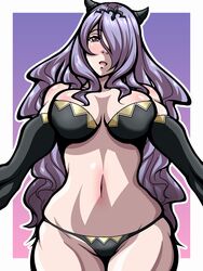 1girls bare_thighs black_panties bra breasts camilla_(fire_emblem) elbow_gloves female_only fire_emblem fire_emblem_fates gloves hair_over_one_eye horns hug inabakun00 incoming_hug large_breasts long_hair looking_at_viewer nintendo open_mouth panties pov purple_eyes purple_hair smile solo thighs very_long_hair wavy_hair