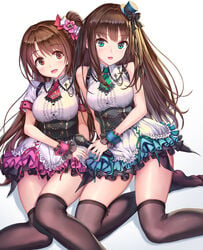 2girls :d bangs bare_shoulders black_bow black_legwear black_ribbon blush bow breasts brown_eyes brown_hair chains corset dress eyebrows_visible_through_hair female flower frilled_dress frills green_eyes green_neckwear hair_flower hair_ornament hairbow hat hhama high_resolution idolmaster idolmaster_cinderella_girls long_hair looking_at_viewer medium_breasts microphone mini_hat mini_necktie mini_top_hat multiple_girls necktie no_shoes one_side_up open-mouth_smile open_mouth pixiv_id_1128428 red_neckwear ribbon ribbon_trim rin_x_uzuki shibuya_rin shimamura_uzuki short_sleeves simple_background sitting skindentation sleeveless smile thighhighs thighs top_hat underbust white_background wrist_cuffs zettai_ryouiki