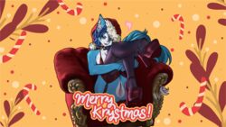 anthro armchair bell bell_collar blue_body blue_eyes blue_fur blue_hair canid canine chair christmas christmas_clothing christmas_headwear christmas_outfit clasped_hands clothing collar feet female female_only foot_focus fox fur furniture hair hands_under_legs hat headgear headwear hi_res high_heels holidays humor krystal kuja legs_up legwear lingerie lounging mammal merry_christmas neckwear nintendo presenting pun red_clothing santa_hat smile smiling_at_viewer solo solo_female star_fox stockings video_games