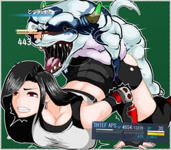 1boy 1girls against_floor ass bestiality black_hair breasts_against_floor censored censored_penis clenched_teeth damage_numbers defeat defeated defeated_heroine doggy_style earrings endured_face final_fantasy final_fantasy_vii health_bar hman hp_bar huge_breasts interspecies japanese japanese_text large_ass long_hair monster paralyzed penetration rape red_eyes saliva saliva_trail sex simple_background surprised sweat sweatdrop tifa_lockhart torn_clothes torn_clothing vaginal_penetration vaginal_sex video_games zoophilia