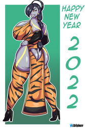 2021 back_view big_ass big_breasts big_butt chinese_clothes fanart female glowing_eyes hands_on_hips happy_trance high_heels legs_apart looking_at_viewer new_year seth_(sfv) seth_(street_fighter) street_fighter street_fighter_v tiger_print xxfujiwaraxx yellow_eyes