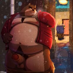 2021 absurd_res anthro balls belly bottomwear brown_body brown_fur canid canine canis cellphone clothing domestic_dog duo erection fur genitals hi_res kemono kumajjjj male mammal moobs nipples obese obese_male outside overweight overweight_male pants penis phone scarf smartphone snow snowing sweater topwear