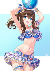 :0 alternative_hairstyle armband armpits arms_up artist_name ball bandeau_top bangs beachball bikini bikini_skirt bikini_top blue_bikini blue_bikini_top blue_bow blue_eyes blue_ribbon blush bow bow_bikini bracelet breasts brown_hair cleavage curly_hair curves female female frilled_bikini frilled_bikini_top frilled_skirt frilled_swimsuit frills hair_between_eyes hair_ornament hair_ribbon headband heart heart_necklace hhama high_resolution holding holding_ball holding_object idolmaster idolmaster_cinderella_girls jewelry large_breasts legband long_hair looking_at_viewer navel necklace one_arm_up open_mouth pixiv_id_1128428 ponytail ribbon sagisawa_fumika signature single_wrist_cuff skirt sleeveless smile solo strapless strapless_bikini_top swim_skirt swimsuit thigh_strap tied_hair