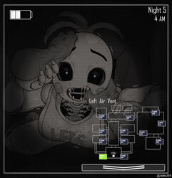 1boy1girl 1girls afraid angry animatronic anthro avian bib black_and_white breasts clothed clothing crawling disembodied_hand drooling endoskeleton female five_nights_at_freddy's five_nights_at_freddy's_2 grabbing hand_in_mouth hand_on_head head_grab human laying_down male muscular on_stomach panic pov pov_eye_contact pov_hands rape robot robot_girl saliva saliva_string scared scared_expression security_guard struggling sweat text thumb_in_mouth toy_chica_(fnaf) veiny_arms vent waa153