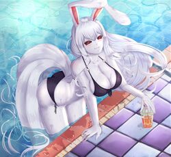 beverage bikini black_sclera breasts bunny_ears bunny_girl carrot_(one_piece) dark_sclera drink female female_only fur klopsiak large_breasts long_hair long_tail one_piece pool poolside rabbit_ears rabbit_girl rabbit_humanoid rabbit_tail red_eyes smile sulong sulong_carrot wet white_fur white_hair