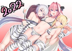 2022 3boys animal_ears astolfo_(fate) bikini blonde_hair bulge chevalier_d'eon_(fate) eye_contact fate/grand_order fate_(series) femboy gao_changgong_(fate) girly hair_ribbon happy_new_year kitajima_yuuki looking_at_viewer male male_only otoko_no_ko penis_bulge pink_hair prince_of_lan_ling_(fate) silver_hair standing thighhighs thighs trap twintails