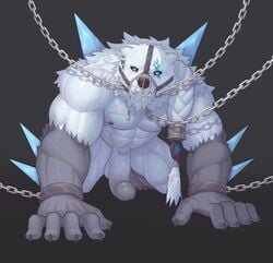 anthro balls chained chains erection genitals hi_res humanoid league_of_legends male male_only mammal muscular muscular_male muzzle_(object) nipples pecs penis polar_bear riot_games ronci solo ursid ursine vein veiny_muscles veiny_penis video_games volibear