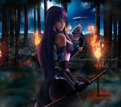 1girls anbu arm_guards arm_tattoo artist_name ass big_ass blunt_bangs breasts curvaceous curvy curvy_body curvy_female curvy_figure dark detailed_background forest from_behind fully_clothed holding_object holding_weapon katana kunoichi lipstick long_hair looking_at_viewer looking_back makeup mask naruto naruto_(series) naruto_shippuden nature night ninja outdoors pants patreon_username purple_eyes purple_hair round_ass sideboob smile solo solo_female solo_focus sword tattoo tight_clothing tight_pants tonyraart uniform unmasked url uzuki_yuugao vest watermark weapon web_address