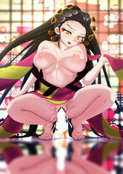 1girls absurd_res bad_anatomy barefoot big_breasts black_hair bodily_fluids bodily_fluids_in_pussy censored cum_in_pussy cum_inside daki_(kimetsu_no_yaiba) demon_girl demon_slayer detailed_background disembodied_penis eyeshadow facial_markings female female_focus full_body green_eyes hair_ornament hi_res kimetsu_no_yaiba lol_q long_hair mostly_nude obi open_mouth panties_removed pussy_juice shaved_pussy solo solo_focus spread_legs squatting sweatdrop undressing very_high_resolution very_long_hair