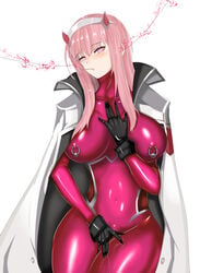 artist_request blush bodysuit brain_injection brainwashing darling_in_the_franxx heart heart_eyes horns hypnosis latex long_hair looking_at_viewer mind_control nipple_piercing piercing pink_hair pussy_juice solo symbol_in_eyes zero_two_(darling_in_the_franxx)