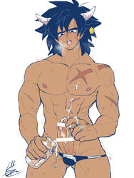 1boy abs animal_ears animal_print bar_censor bara black_eyes black_hair blush bottle breath briefs broly broly_(dragon_ball_super) censored chinese_zodiac clothing_aside cow_boy cow_ears cow_horns cow_print cowboy_shot cum cum_in_container cum_in_cup cum_on_body cum_on_boy cum_on_pectorals cum_on_penis dragon_ball dragon_ball_super erection gureshi_db highres horns kemonomimi_mode large_pectorals male male_focus male_masturbation male_only male_underwear male_underwear_aside masturbation medium_hair milk_bottle muscular muscular_male navel nipples pectorals print_male_underwear projectile_cum solo spiked_hair stomach tearing_up thick_eyebrows thick_thighs thighs tongue tongue_out topless_male underwear underwear_only yaoi year_of_the_ox