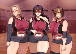 3girls after_sex black_hair black_legwear black_thighhighs blue_eyes blush breast_squeeze brown_hair clothed clothing cum cum_in_pussy cum_in_uterus cum_inside cum_plugged excessive_cum female glasses heart-shaped_pupils huge_breasts korotsuke legs_together long_hair looking_at_viewer milf momoe_nekura multiple_females multiple_girls multiple_milfs short_hair shorts sportswear spread_legs the_creepy_glasses_girl thighhighs uterus wide_hips womb x-ray