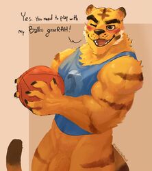 2021 animal_crossing anthro ball basketball_(ball) big_muscles blush bottomless clothed clothing dialogue english_text eyebrows felid flaccid fur genitals hi_res holding_ball holding_object looking_at_viewer male male_only mammal muscular muscular_anthro muscular_male nintendo one_eye_closed open_mouth open_smile pantherine penis shirt simple_background smile solo standing talking_to_viewer tan_background tank_top teeth text tiger tongue topwear tuft tybalt_(animal_crossing) video_games wink wulfer-shepherd