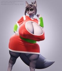 1girls 3d 5_fingers all_fours animal_ear_fluff animal_ears animated anthro big_breasts big_tail blender bouncing_breasts breasts breasts_bigger_than_head christmas cleavage female female_only front_view furry furry_only glasses gradient_background grey_body hand_on_hip hilwu hips huge_breasts iii_oridas_iii looking_at_viewer loop nipples_visible_through_clothing no_humans no_sound no_visible_genitalia snout solo solo_female solo_focus standing tail thick_thighs video wide_hips