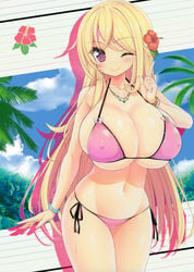 ;) absurdres bangle bikini blonde_hair blush bracelet breasts cleavage collarbone covered_nipples cowboy_shot female flower hair_flower hair_ornament hibiscus highres huge_breasts index_finger_raised jewelry long_hair looking_at_viewer navel necklace one_eye_closed original palm_tree pink_bikini saeko_sasaki_(shuz) shuz_(dodidu) side-tie_bikini silhouette smile solo swimsuit tree