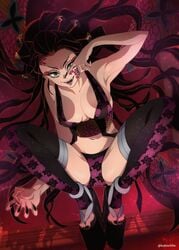 arm_up armpit big_breasts black_hair black_legwear black_nails black_thighhighs black_toenails cleavage daki_(kimetsu_no_yaiba) dalc_rose demon_girl demon_slayer eyeshadow facial_markings fangs female female_only full_body geta hair_ornament kimetsu_no_yaiba kubiochite light-skinned_female lingerie long_fingernails long_hair looking_at_viewer nail_polish obi okobo platform_footwear red_background revealing_clothes sharp_fingernails sideboob smile solo spread_legs squatting thighhighs toeless_legwear toenail_polish very_long_hair