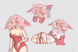 blush bondage bound bound_legs bound_wrists breasts bunny_ear bunny_ears bunny_girl bunnysuit crying drooling ear_rub gag gagged green_eyes hand_on_ear happy panties pink_hair rope rope_bondage shy trembling