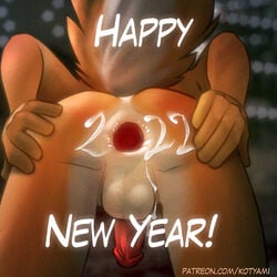 2022 5_fingers anal anthro anus anus_held_open ass balls bodily_fluids congratulations cum cum_drip cum_on_balls cum_on_butt domestic_cat dripping english_text erection felid feline felis fingers fur furry furry_only gaping gaping_anus genital_fluids genitals hand_on_butt holidays humanoid_genitalia humanoid_penis kotyami male male_only mammal new_year new_year_2022 nude penis presenting presenting_anus presenting_hindquarters solo spread_anus spreading tail text