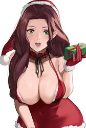 1girls :o alternate_costume bangs breasts brown_hair choker christmas cleavage covered_navel dorothea_arnault dress fire_emblem fire_emblem:_three_houses fur_trim gift gloves green_eyes hartman_hips hat highres j@ck large_breasts long_hair looking_at_viewer nintendo open_mouth parted_bangs santa_hat smile solo source_larger white_background wide_hips