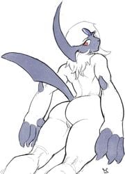 2021 absol anthro ass athletic claws female fur genitals hi_res horn lakeslug looking_back looking_down low-angle_view neck_tuft nintendo pokémon_(species) pokemon pokemon_(species) pussy red_eyes simple_background solo tuft video_games white_background white_body white_fur worm's-eye_view