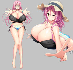 1girls aizawa_momoka bikini blush bracelet btk cameltoe cleavage collarbone eyebrows eyebrows_visible_through_hair eyelashes female female_only full_body gigantic_breasts grey_background hair_between_eyes hands-free huge_breasts laying_down long_hair looking_at_viewer navel one_eye_closed open_mouth peace_sign pink_hair sun_hat tagme wink yellow_eyes