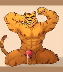 2021 abs animal_crossing anthro armpit_hair balls big_muscles bodily_fluids body_hair closed_eyes cum cum_drip dripping erection felid fur genital_fluids genitals hi_res humanoid_genitalia humanoid_penis kneeling male male_only mammal muscular muscular_anthro muscular_male navel nintendo nipples nude obliques pantherine pecs penis simple_background smile solo solo_male tan_background teeth tiger tuft tybalt_(animal_crossing) video_games wulfer-shepherd