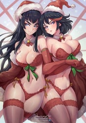 2girls arm_gloves artist_signature bare_shoulders bell big_breasts black_hair blue_eyes bob_cut choker christmas christmas_outfit cleavage curvy cute handholding head_tilt hip_to_hip holding_hands hourglass_figure interlocked_arms jammeryx kill_la_kill kiryuuin_satsuki lingerie long_hair looking_at_viewer matoi_ryuuko midriff open_coat panties patreon_username pinup posing red_hair ribbons santa_costume santa_hat sisters smile stockings thick_thighs thighhighs twitter_username two_tone_hair unusual_pupils upper_body