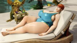 bakaras bbw chubby huge_breasts human one-piece_swimsuit public sleeping sunbathing swimsuit thick_thighs tight_clothing warcraft world_of_warcraft