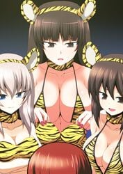 4girls absurdres alternate_costume animal_ears animal_print blue_eyes breasts brown_hair cleavage covered_nipples crossed_arms fur_collar girls_und_panzer grey_background grey_hair highres itsumi_erika kamishima_kanon large_breasts medium_breasts multiple_girls nishizumi_maho nishizumi_miho nishizumi_shiho short_hair smile tiger_ears tiger_print