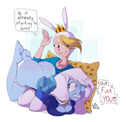 2girls adventure_time ass barefoot blonde_hair blue_skin blush bottomless breasts cartoon_network dialogue fionna_the_human_girl humiliation ice_queen_(adventure_time) multiple_girls neckline panties_down punishment red_ass smacking_ass spank_marks spanked spanked_butt spanking speech_bubble tears text white_hair wofwendy