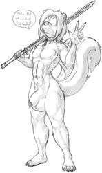 anthro balls big_balls collar ebonyrubberwolf faceless featureless_face genitals hi_res large_sheath male mammal melee_weapon mephitid nude plantigrade skunk solo speech_bubble standing sword text weapon