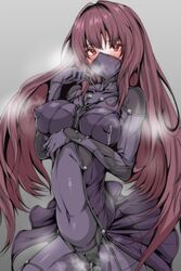 absurdres bangs blush bodysuit breasts commentary_request covered_nipples eyebrows_visible_through_hair fate/grand_order fate_(series) female hair_intakes highres lactation lactation_through_clothes large_breasts long_hair looking_at_viewer mask mouth_mask ninja_mask purple_hair pussy_juice pussy_juice_drip_through_clothes red_eyes scathach_(fate) schopdehollyhotter sidelocks skin_tight solo steam_from_mouth steaming_body very_long_hair