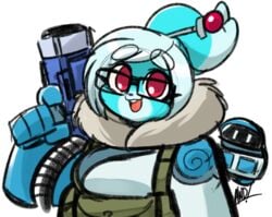 andrew_dickman awd blue_body buckteeth cosplay cute digital_drawing_(artwork) digital_media_(artwork) glasses gun happy mei_(overwatch)_(cosplay) overwatch pixels_bunni white_hair