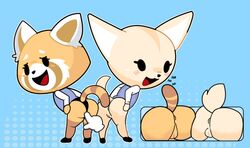 2d 2girls abstract_background aggressive_retsuko aggretsuko ailurid anthro anus ass bent_over big_ass big_butt blue_background blush bottomless canid canine chibi clothing duo female fennec fenneko fox fur furry genitals gosgoz hi_res laugh looking_at_viewer looking_back mammal office_lady open_mouth presenting presenting_anus presenting_hindquarters presenting_pussy pussy rear_view red_panda retsuko sanrio simple_background straight_hair tail take_your_pick text topwear