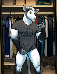 anthro athletic balls barely_visible_genitalia bedroom bgn biceps black_body black_fur bottomless bulge cellphone closet clothed clothing erection erection_under_clothing facial_hair fur genital_outline genitals green_eyes hi_res liam_(bgn) male male_only mammal mirror_selfie mouse murid murine muscular muscular_anthro muscular_male muscular_thighs penis_outline phone pulling_shirt_down rodent selfie shirt solo t-shirt text text_on_clothing text_on_shirt text_on_topwear topwear white_body white_fur