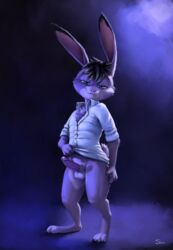 1boy 2021 anthro artist_name balls blue_theme bottomless clothed clothing digital_media_(artwork) erection fur genitals hi_res lagomorph light lighting looking_at_viewer male male_only s1m shaded shirt signature simple_background solo standing topwear