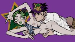 1boy 1girls age_difference black_hair breasts daughter double_bun edeny father father_and_daughter female green_hair green_lipstick hat_stays_on_during_sex idslog incest jojo's_bizarre_adventure jolyne_kujo jotaro_kujo looking_at_each_other male/female nipples one_breast_out pierced_nipples piercing piercings skinny stone_ocean thong two_tone_hair underwear