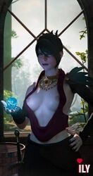 1girls 3d bioware black_nails blender bottomless cleavage dragon_age dragon_age_inquisition exposed_breasts female female_only ilyana3d light-skinned_female magic morrigan_(dragon_age) sideboob small_breasts smile solo solo_female sorceress underboob witch yellow_eyes