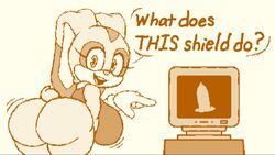 1girls anthro breasts bubble_butt butt_focus condom cream_the_rabbit english_text female female_only ftrashpickle fur furry lagomorph orange_background rear_view sonic_(series) text twitter_username