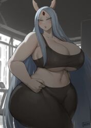 1girls 3_eyes alternate_body_type artist_signature ass batako belly_button black_sports_bra black_yoga_pants blush breasts cleavage embarrassed female female_only hi_res hips horns huge_ass huge_breasts hyper_thighs indoors lavender_eyes lipstick long_hair massive_breasts massive_thighs mature_female milf mother multi_eye naruto naruto_(series) naruto_shippuden otsutsuki_kaguya pale-skinned_female pale_skin red_eyes solo sports_bra sportswear thunder_thighs tight_clothing tight_fit underboob voluptuous white_hair white_skin wide_hips yoga_pants