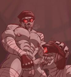 abs blowjob cum cum_in_mouth dispodnsfw drool drooling erection fangs hank_j._wimbleton madness_combat muscular muscular_male pecs phobos_(madness_combat) sharp_teeth