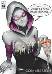 commission covered_face cum cum_covered cum_drip cum_dripping cum_in_food cum_on_body cum_on_breasts cum_on_clothes cum_on_face cum_on_food cum_on_mask cum_on_suit dialogue facial female gwen_stacy hood looking_at_viewer marvel mask masked masked_female nazreizo_(artist) pizza simple_background skintight skintight_suit spider-gwen spider-man:_into_the_spider-verse tagme